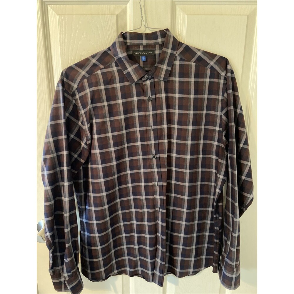 Vince Camuto Long Sleeve Button Up Dress Shirt Size L, Brown Plaid